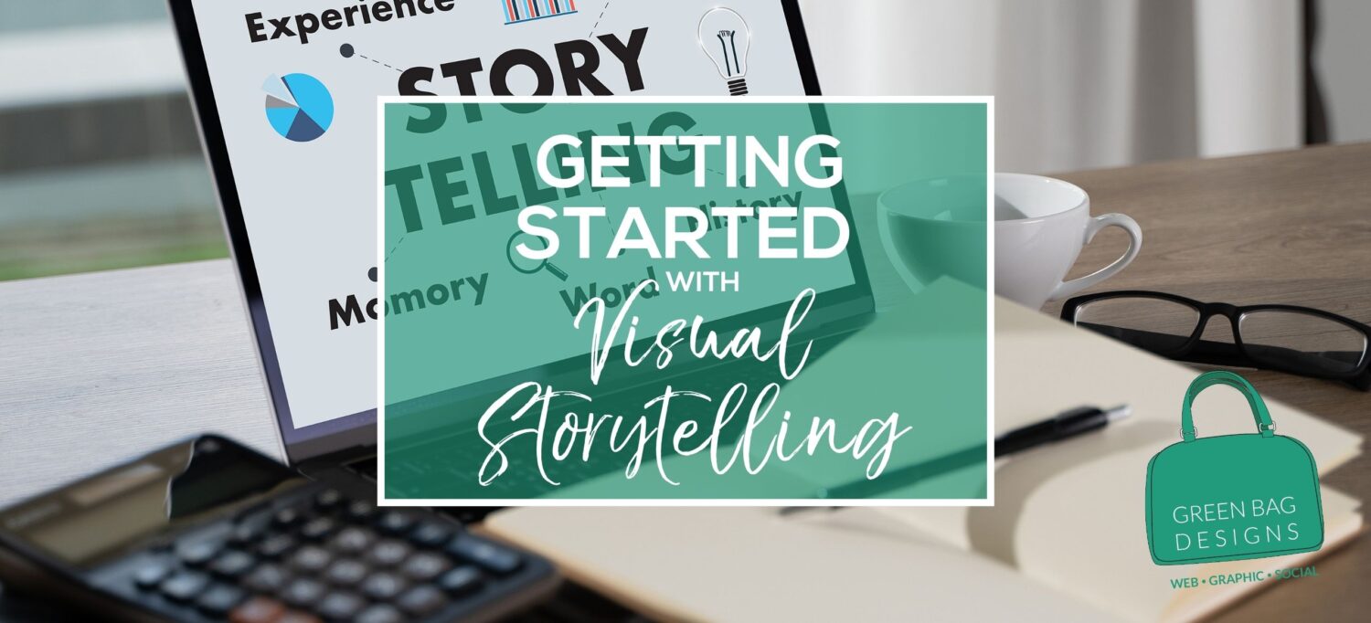 Getting started with visual story telling in white letters in a green box with a white border on top of a picture with a computer